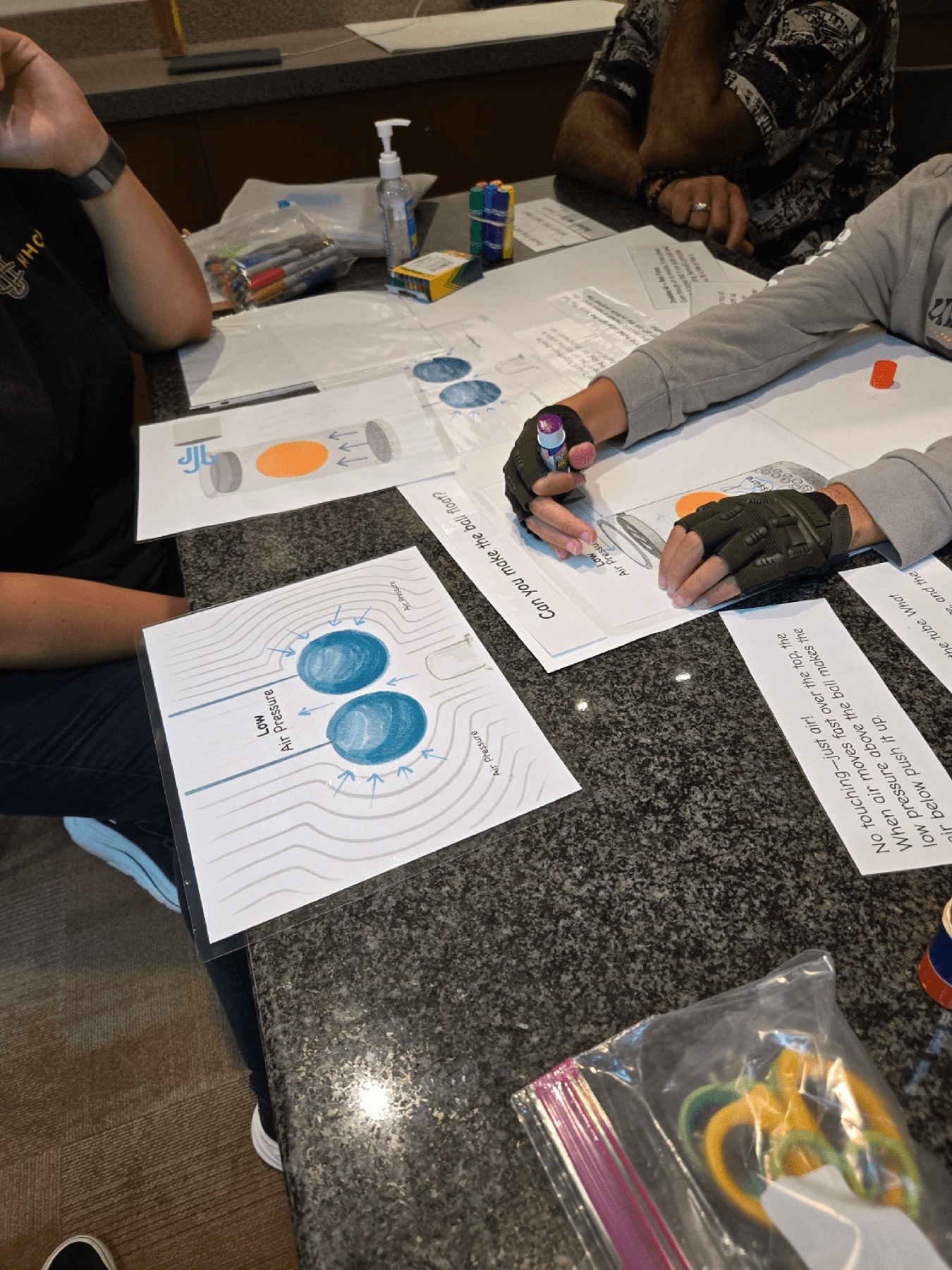 Co-design workshop participants working with signage concept sheets and materials at a table