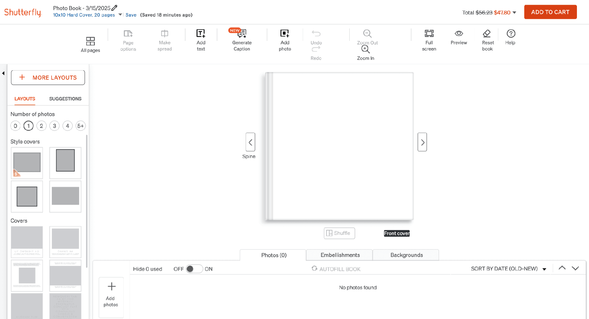 Original Shutterfly editor — dense, always-on toolbar with every page-level action visible at once