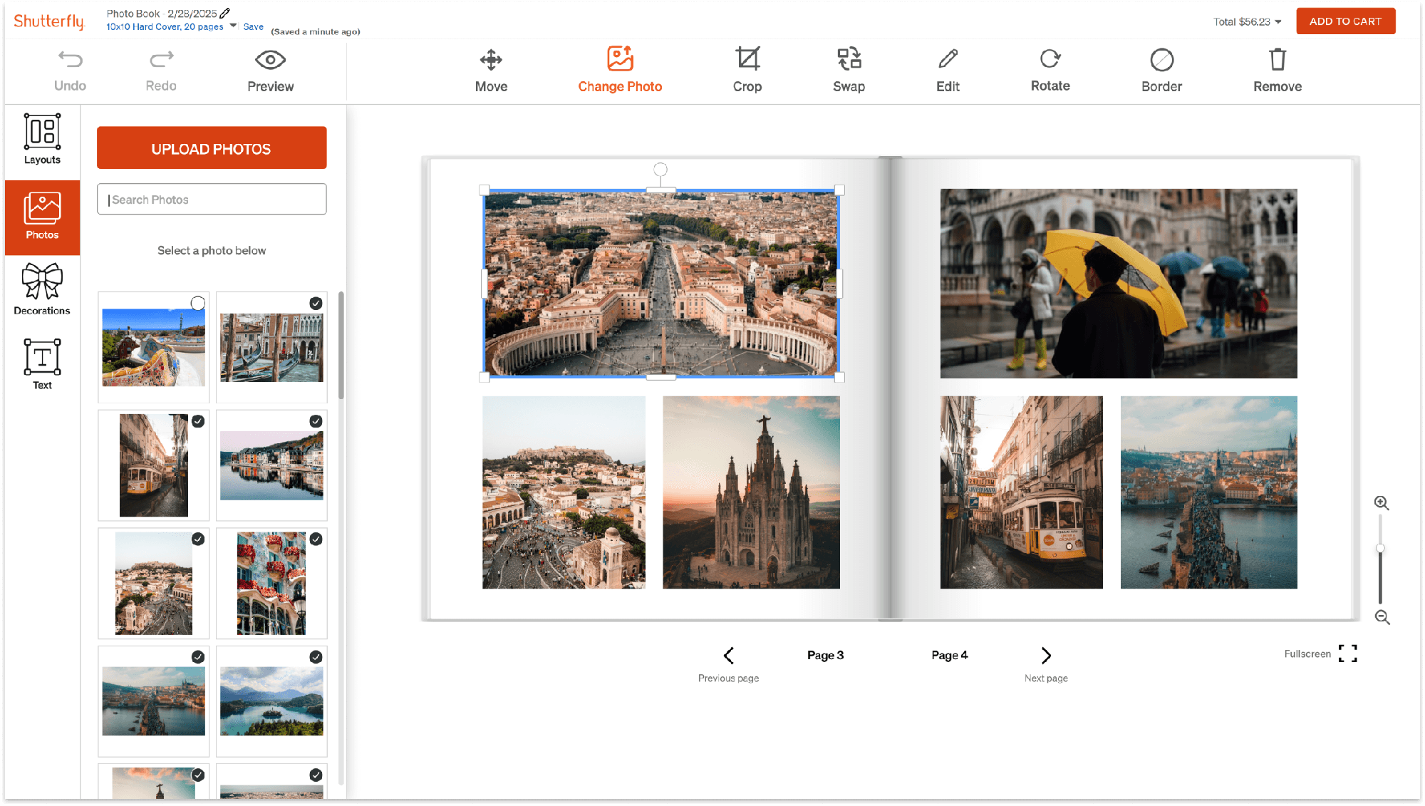 Shutterfly photobook editor — redesigned interface with contextual photo-editing toolbar