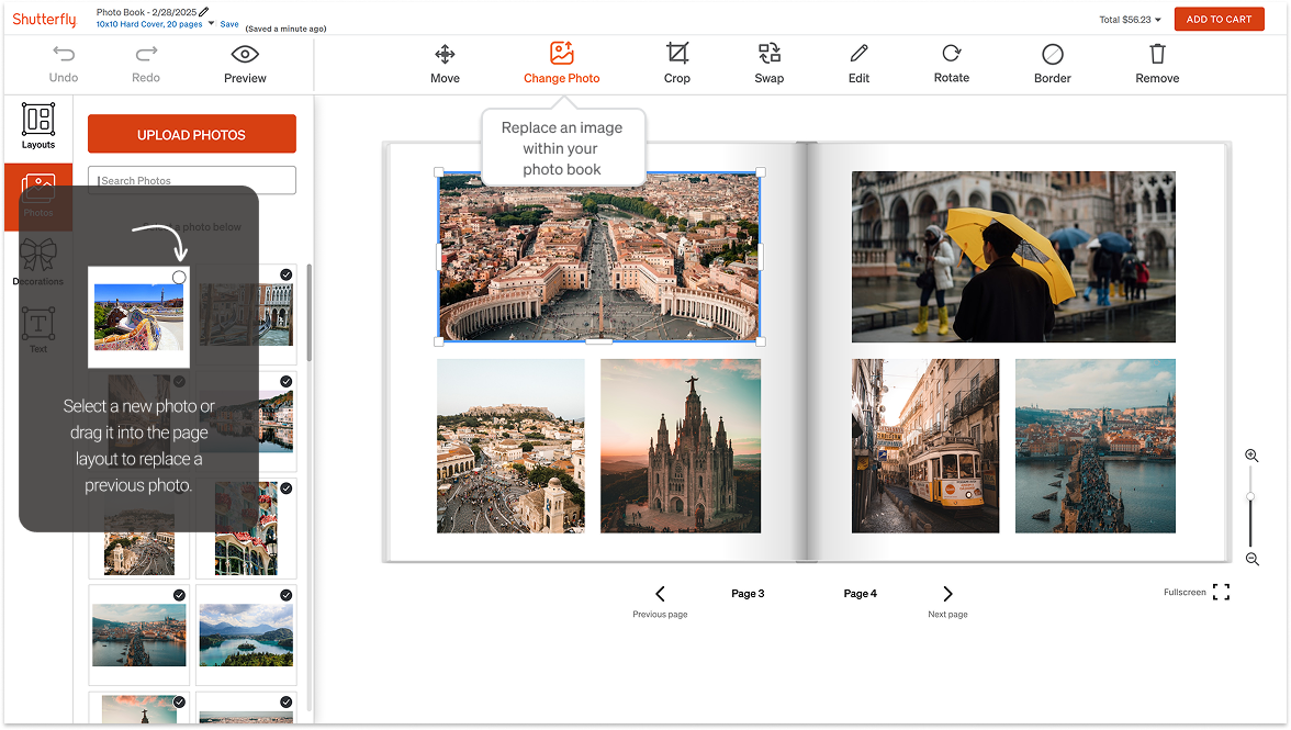 Redesigned editor showing a contextual tooltip explaining the Change Photo action