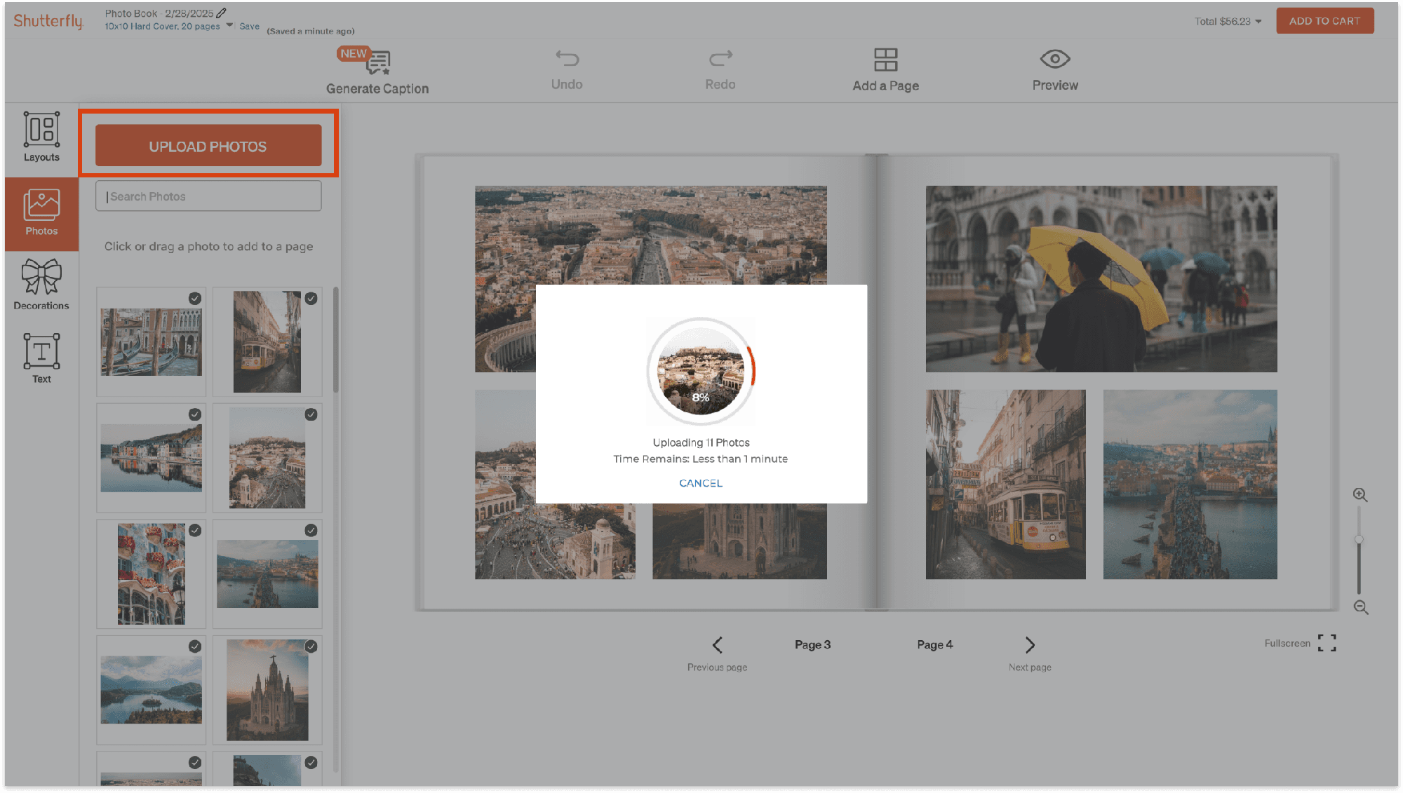Redesigned upload flow — prominent 'Upload Photos' action with a progress indicator while photos import